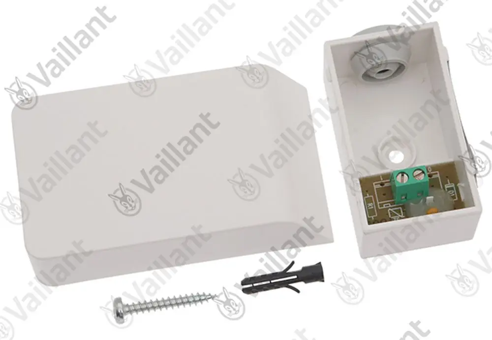 Vaillant Fühler in einer Kunststoffverkleidung, bestehend aus einem Gehäuse mit Anschlussklemmen und einer Abdeckung. Zubehörteile wie Schraube und Dübel sind beigelegt.